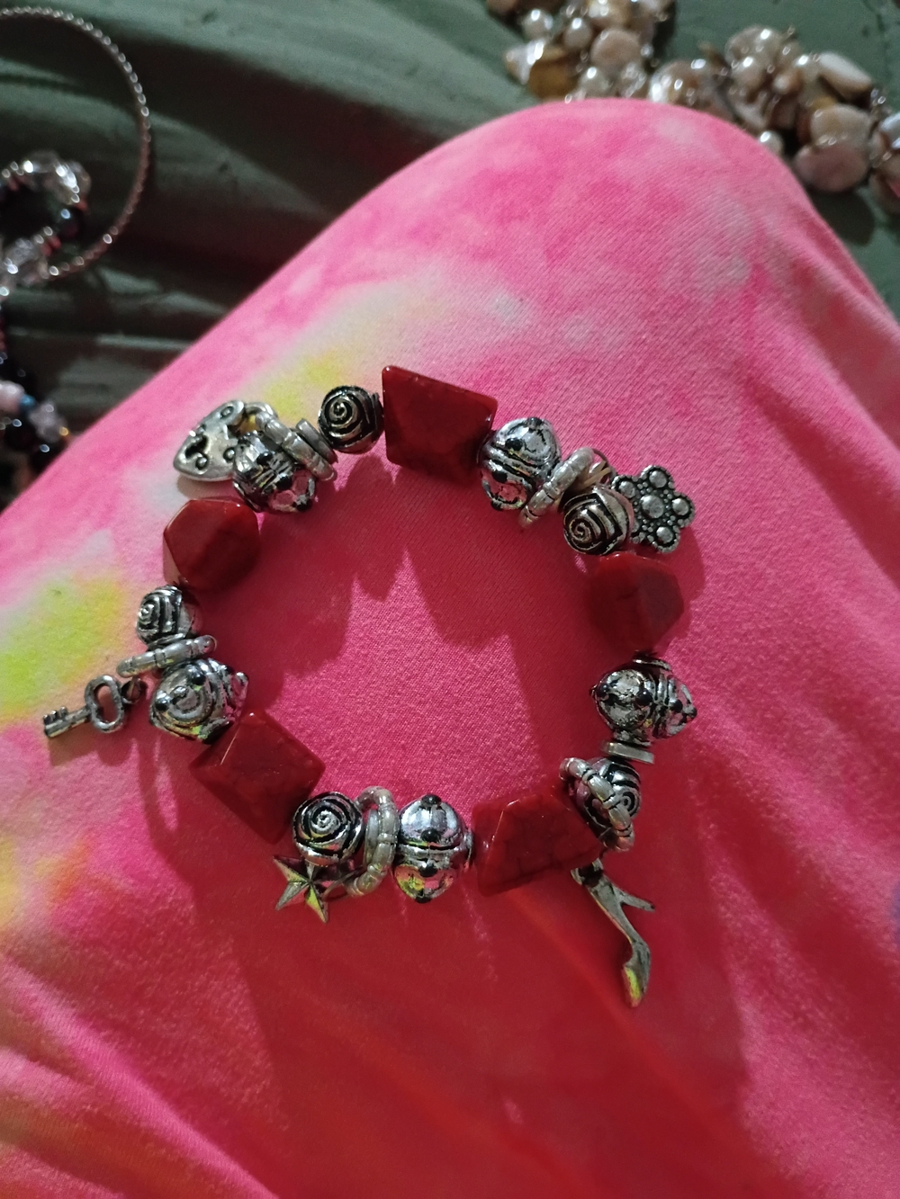 Red Beaded Charm Bracelet - Women Jewelry